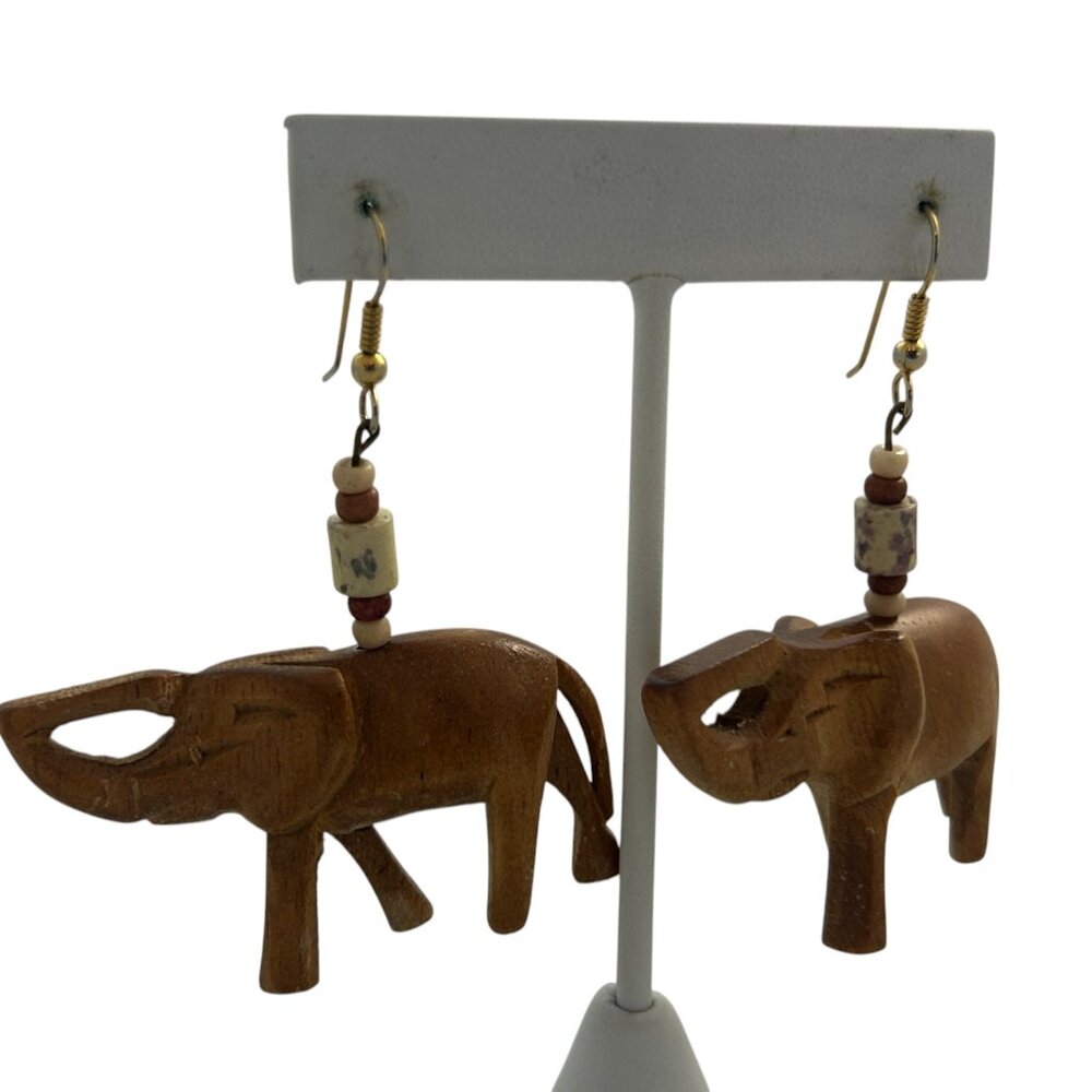Wood Elephant Earrings Trunks Up Tribal Earthy Folk Art Safari Jungle Boho